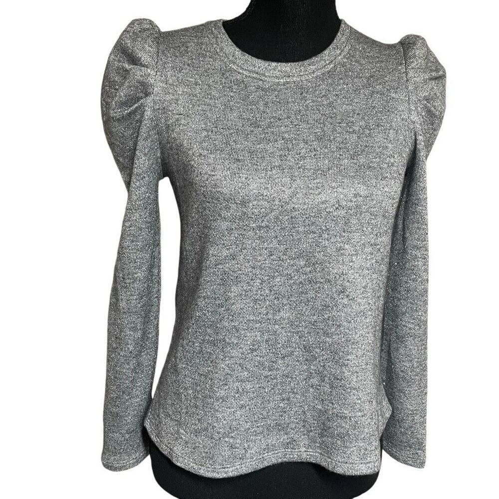 Les Serein Metallic Silver Puff Shoulder Long Sleeve Top Petite